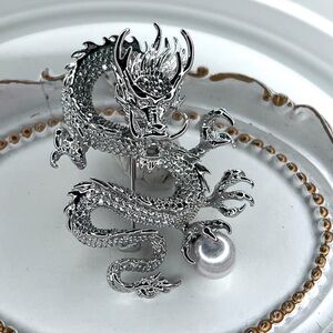 Silver Dragon Brooch with Akoya Pearl Accent